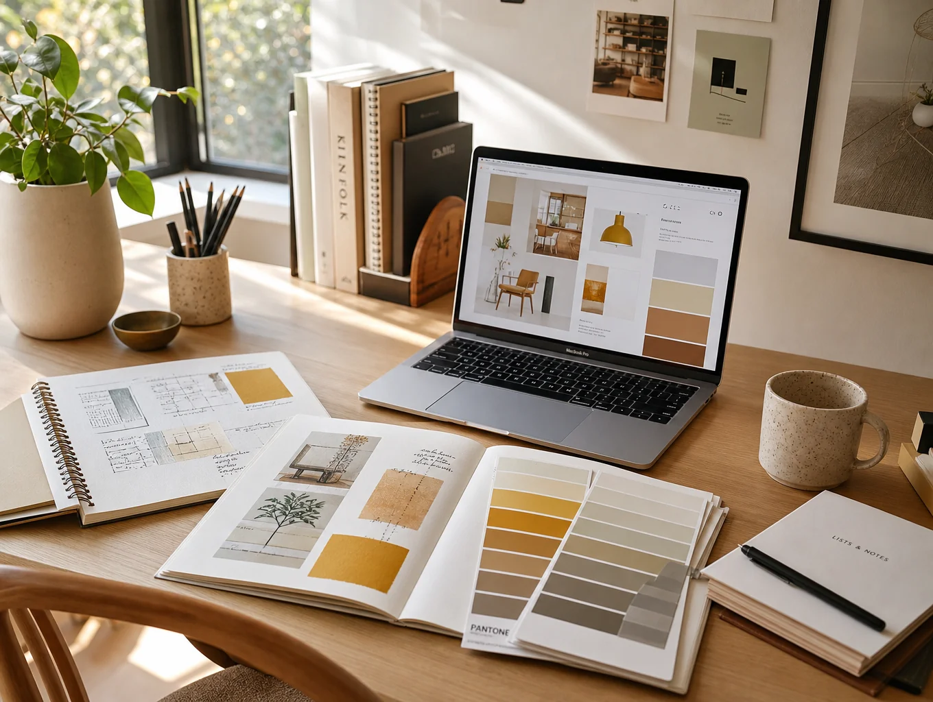 Heller Studio-Arbeitsplatz in Berlin mit Laptop und Designentwürfen